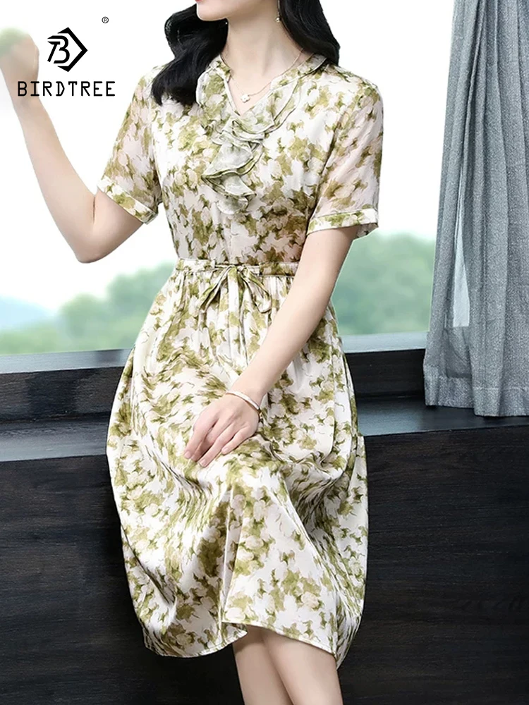 

BirdTree-89.9%Silk 10.1%Spandex Women Elegant Dress, V Neck Print Ruffles, Mom Retro Casual Luxury Dress, 2026 Spring D63143CC