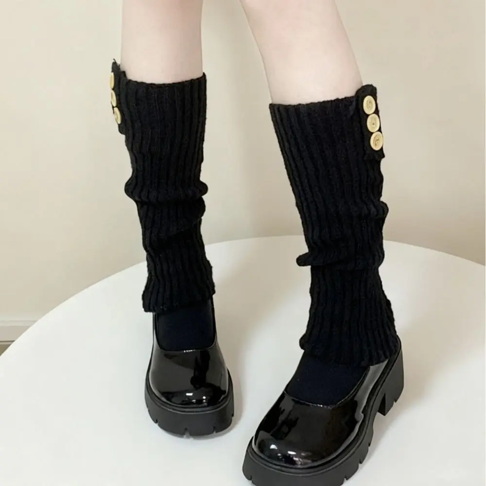 Crochet Lolita Leg Warmers Fluffy Stretchy Long Knitted Socks Black White Retro Buttons Decoration Stretchy Boots Covers