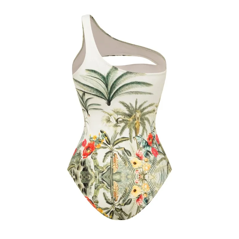 ชุดว่ายน้ําสตรีชิ้นเดียวชุดว่ายน้ําไหล่เดียวกลวงออกป่าเขตร้อนพิมพ์ Monokini ชายหาดวันหยุดสไตล์สวมชุดแม็กซี่