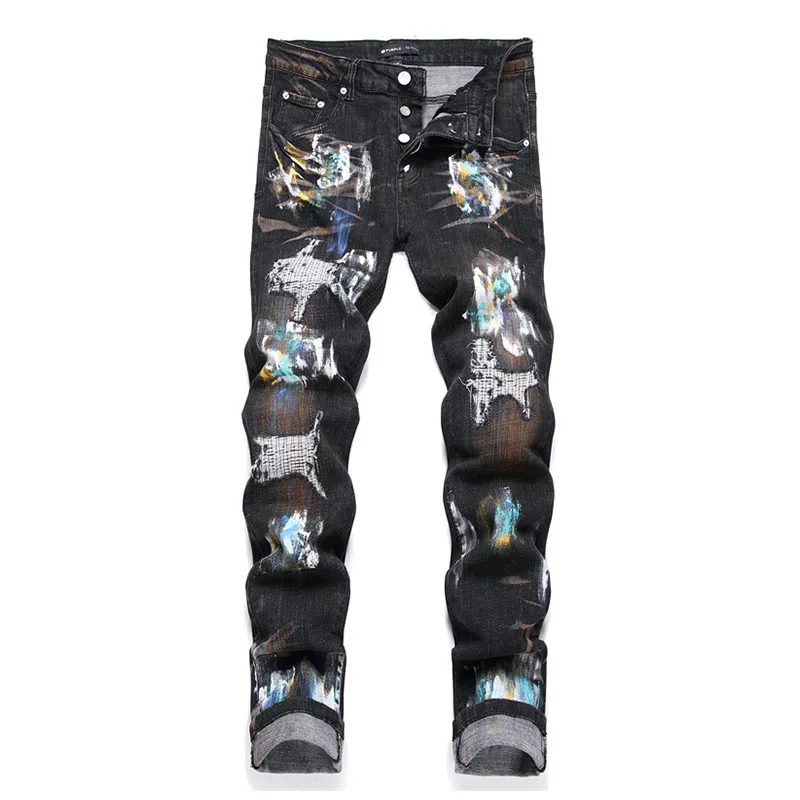 

Mcikkny Men Hip Hop Graffiti Printed Jeans Pants Washed Harakuju Streetwear Denim Trousers Patchwork