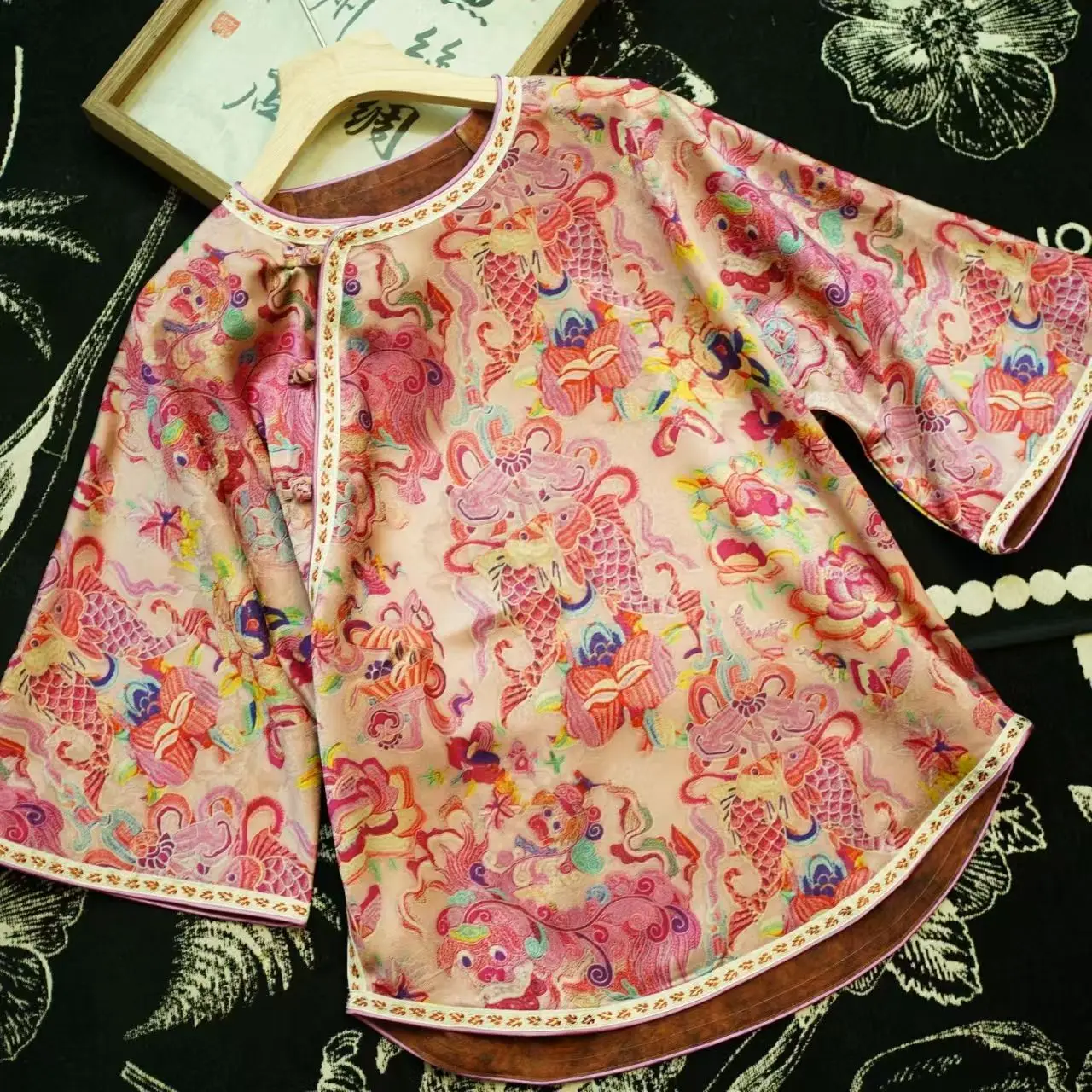 2025 Spring Summer Designer Vintage Dobby Floral Butterfly Fish Pattern Coat , Woman Chinese Tang Costume Jacquard Coats