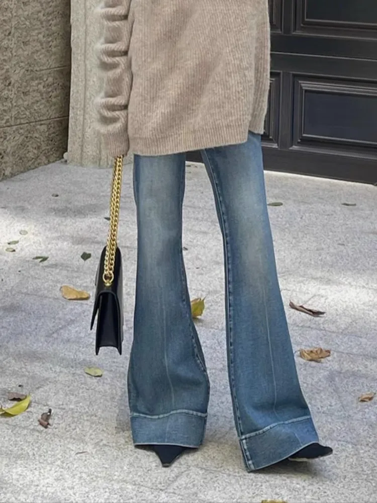 

Американские ретро-джинсы клеш синего цвета для женщин, весна-осень, облегающие, эластичные, удлиненные, в пол, Hoof P...