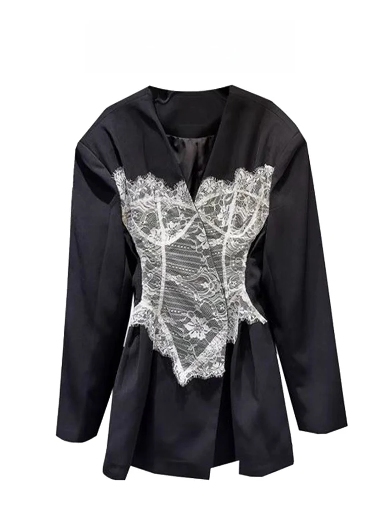 Black Lace Splicing Long Sleeve Suit Jacket Women's Summer 2025 New Small Fragrance Style Mid-Length Western Style Top