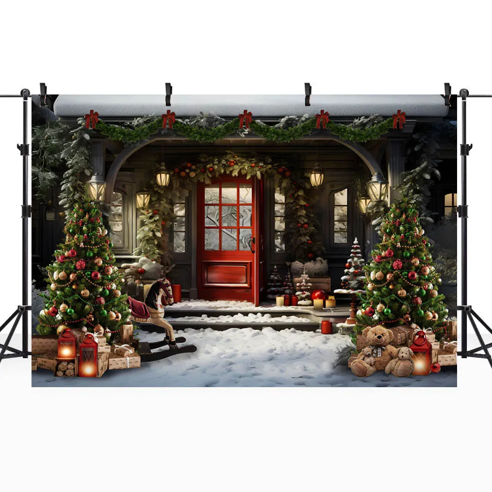 Mocsicka Winter Christmas Backdrop Red Door Xmas Tree Snowfield Outdoor Kids Portrait Photography Backgrounds Photo Studio Props