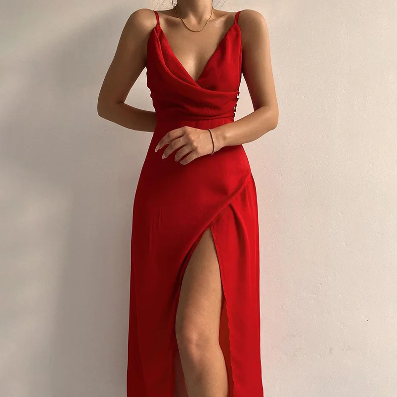 

V-neck Sling Slit Dress Fashion Sexy Tight Dress Mid-length Women Party Dresses Thin Shoulder Straps Solid Color 2022 Summer