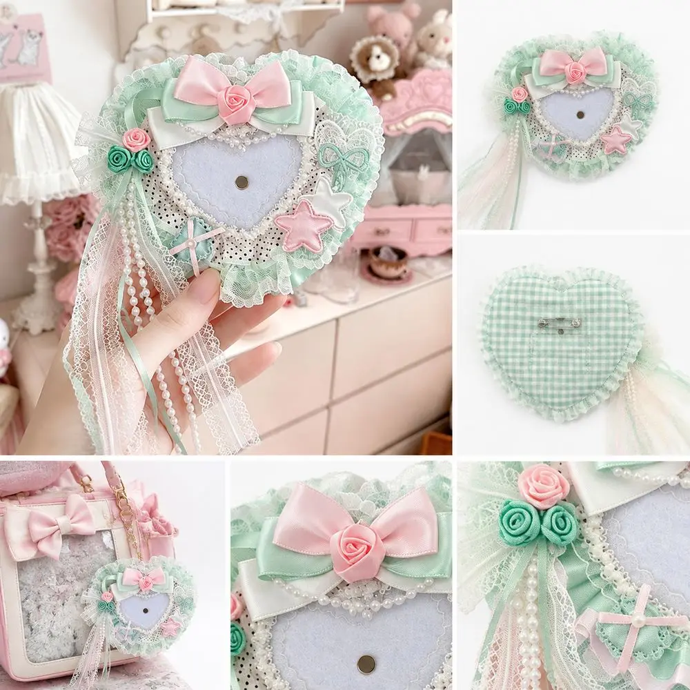 Fabric Heart Shaped Badge Holder Lace Trim Rose Detail Handmade Lace Bow Rose Card Holder Decorative Bow Tassel Straps