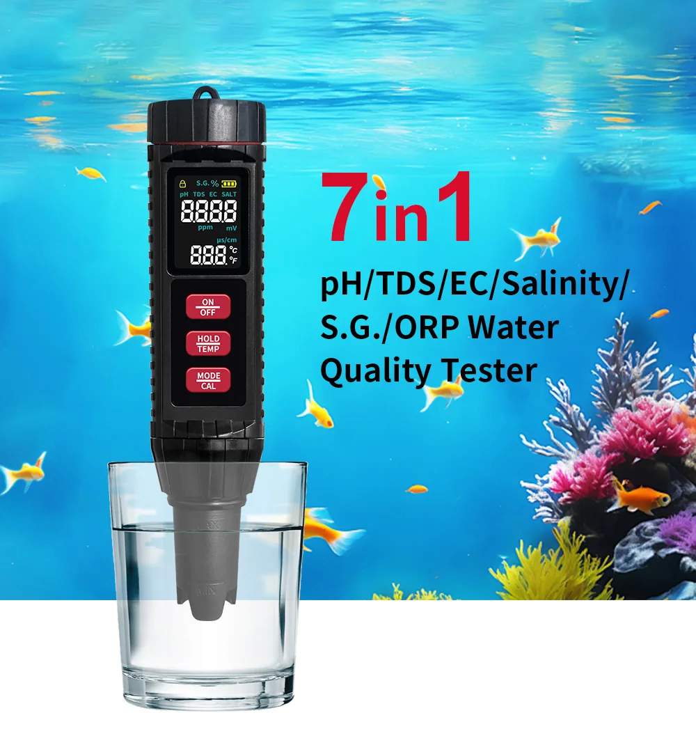 

7 In 1 Digital PH TDS Meter Pen EC/TDS/salt/PH /S.G./ORP/TEMP Tester 0-9999PPM Conductivity Filter Purity for Aquarium Water