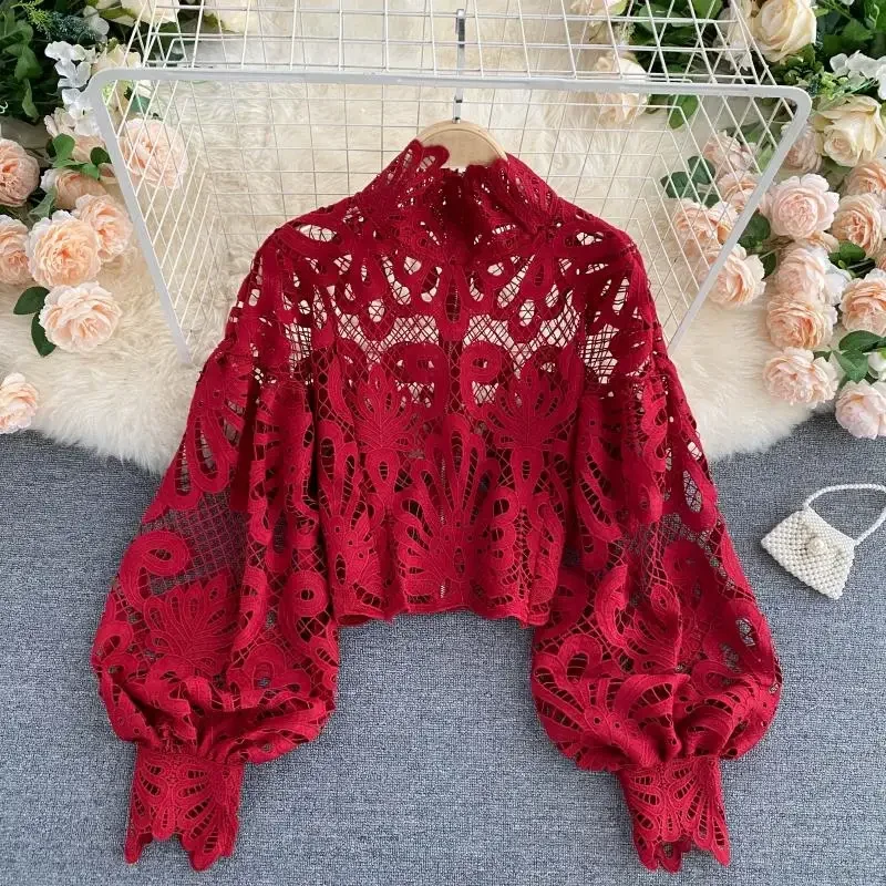 Lace Hollow Out Short Blouse Casual Lantern Long Sleeve Stand Collar Shirts Female Elegant Red/Pink/White Tops