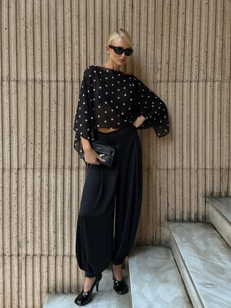 

Женская сексуальная прозрачная блузка в горошек черного цвета с длинным рукавом, круглым вырезом, свободного кроя, короткая рубашка, модная летняя повседневная женская рубашка 2026 года