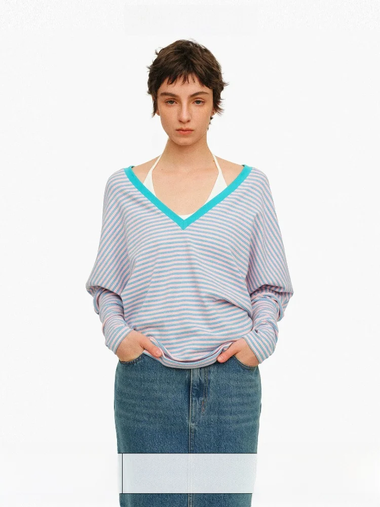 

Loose Batwing Sleeve T-Shirt V-Neck Striped Color Block Slimming Effect Age of Ascent Cotton Casual Commute Style Women's Top