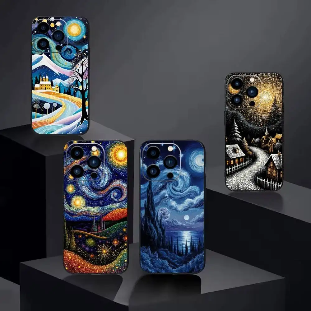 

Whimsical landscape Starry Night Phone Case For iPhone17,16,15,14,13,12 Plus,Max Soft Silicone Black Cover