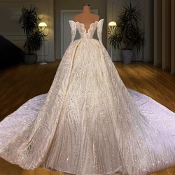 Tulle Vintage Arabian Bridal Wedding Dress Sweetheart Sequin Bridal Dress Sexy Ladies V Neck Long Sleeve Elegant Seaside Wedding