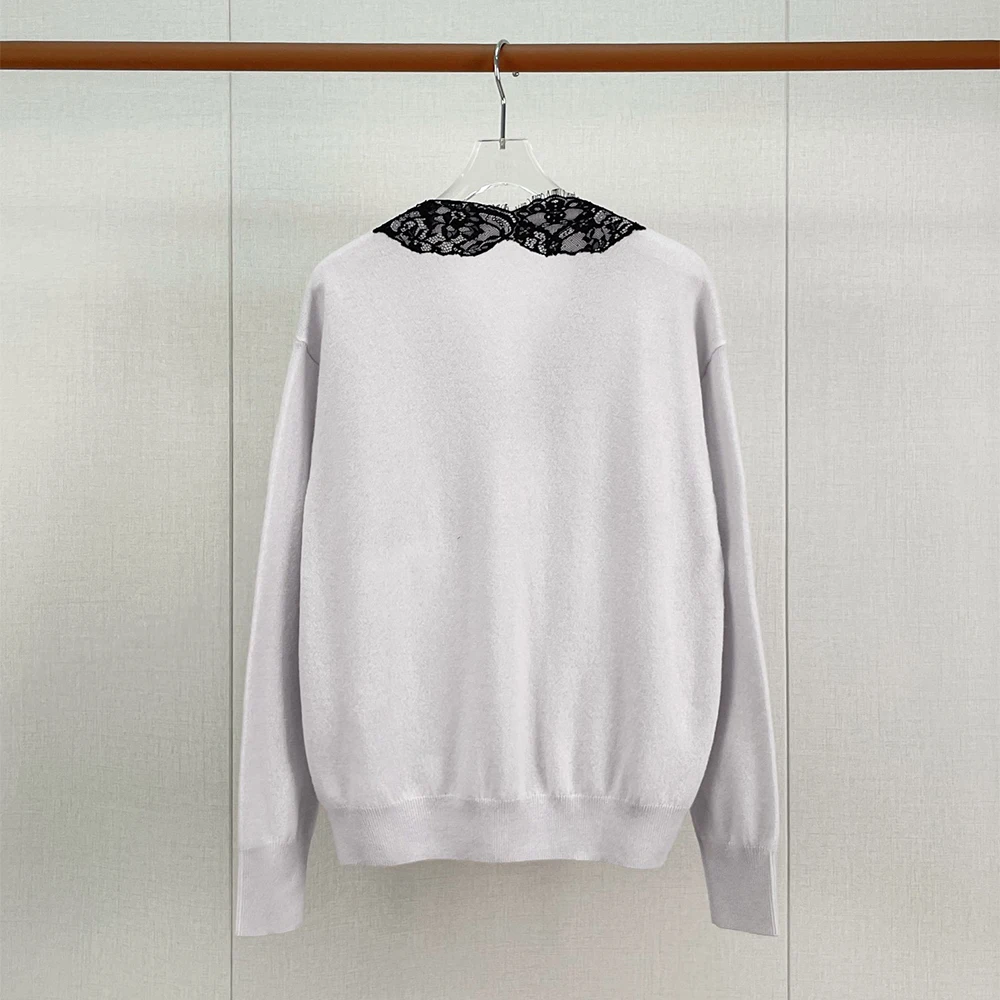 Women 100% Cashmere Long Sleeve T-shirt Top Black Lace V Neck Knit Sweater Soft Lightweight Loose Elegant Casual Pullover Blouse