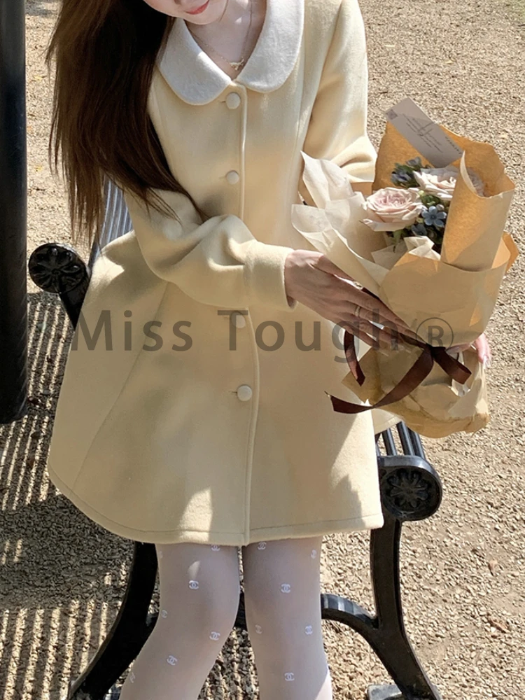 Winter Fashion Light Yellow Woolen Coat Dress Women\'s New Sweet Elegant Party Dresses Designer Harajuku Casual Slim Clothes 2024