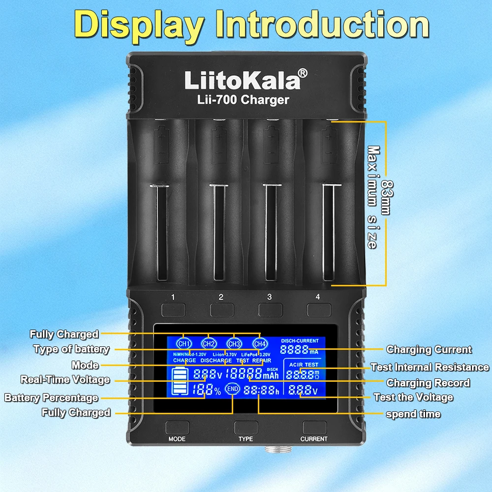 Liitokala Lii-700 배터리 충전기 3.7V/1.2V 18650/26650/16340/18500 스크린이 있는 배터리 충전기
