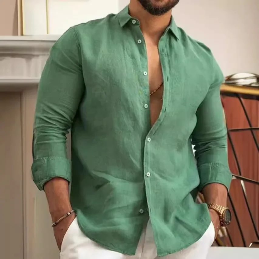 

Мужская рубашка с длинными рукавами, молодежный повседневный универсальный топ, однотонный деловой повседневный однобортный хлопок и лен