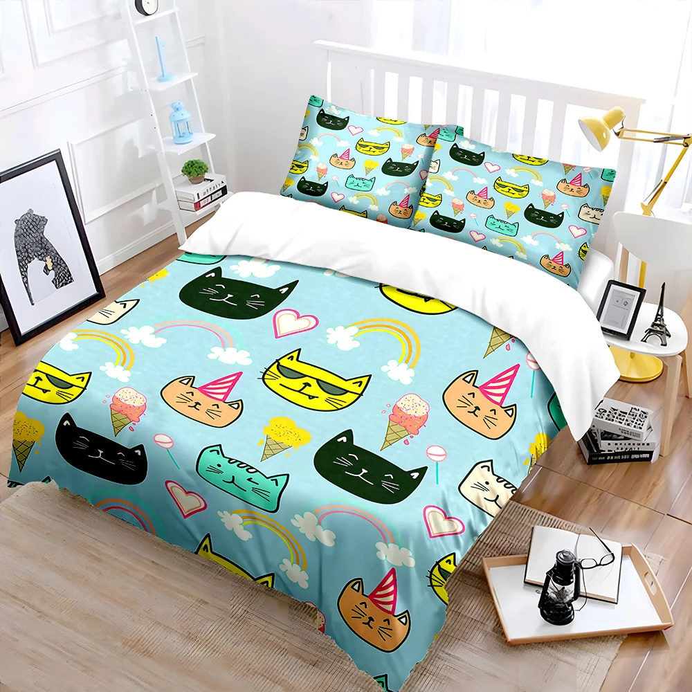 Cartoon cats rainbow dessert background Bedding Set 1 Duvet Cover 2 Pillowcases for Adult and Children Luxury Gift Full Size
