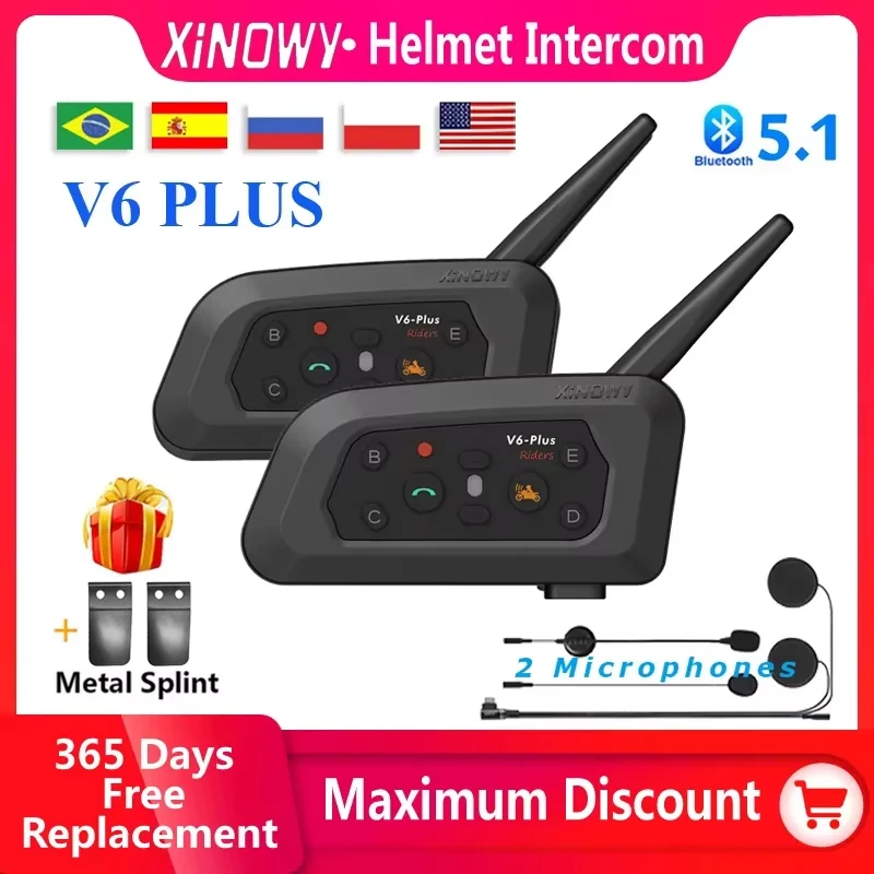 XiNOWy V6 PLUS Motorcycle Helmet Bluetooth Headset Waterproof 6 Riders 1200m Intercom Communicator 850mAh Ear Interphone