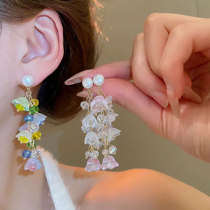 Fresh Design Flowers Tassel Drop Earrings Women Sweet Personality Imitation Pearl Earring Commuting Elegant Jewelry Vacation A