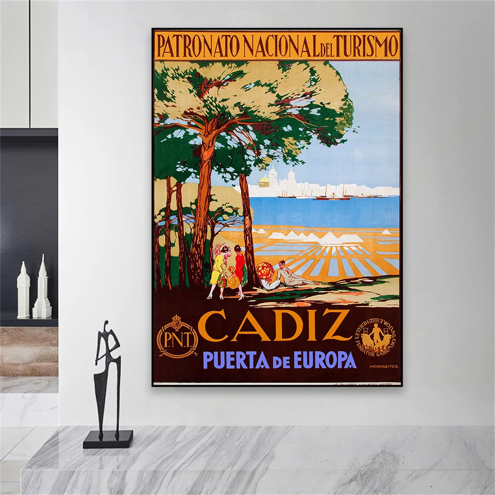 لوحة قماش عتيقة للسفر من Santander لوحة قماش إسبانية للسفر مطبوعات على شكل سكك حديد عتيقة تزيين المنزل لغرفة المعيشة