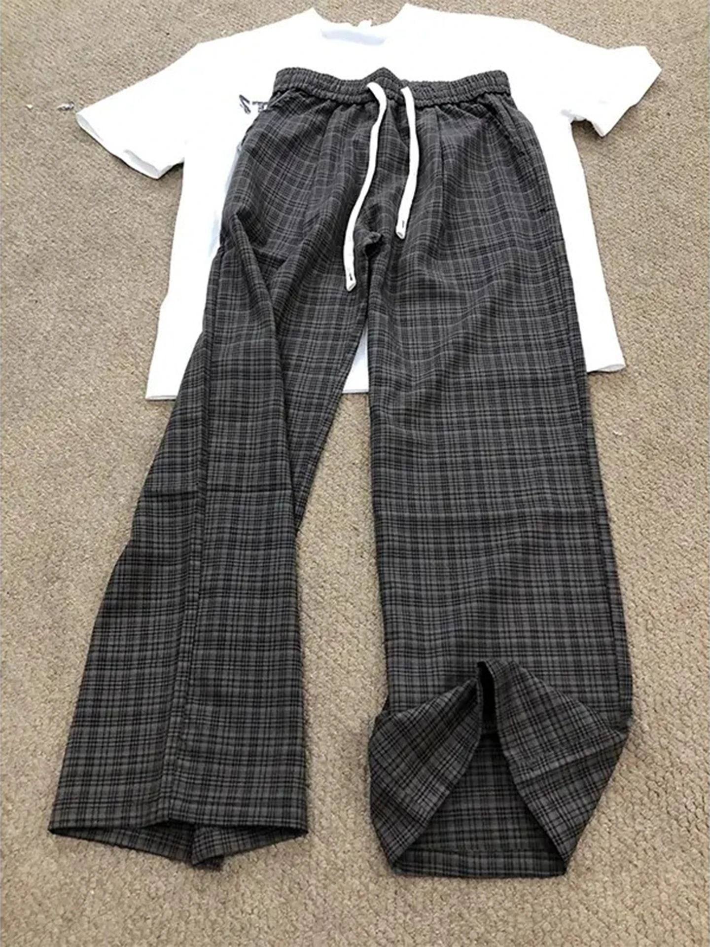 

American Retro Plaid Wide Leg Pants Men Summer Thin Elastic Waist Dstring Trousers Drape High Waist Straight Long Pants