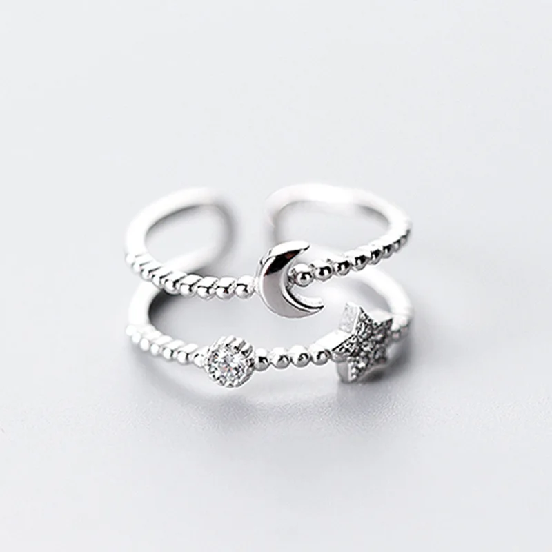 Retro Minimalist Opening Rings For Women Double Layer Moon Stars Cross Zircon Adjustable Finger Ring Girl Personality Jewelry image 5
