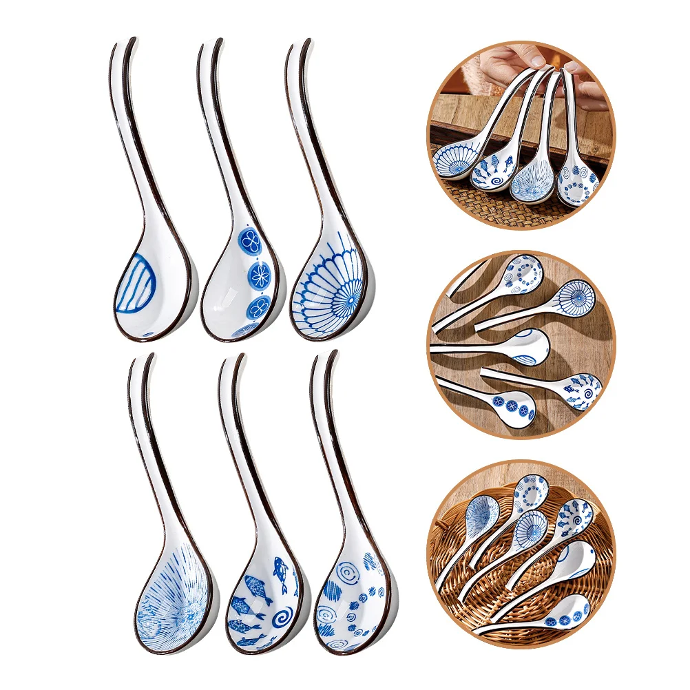 

6Pcs Ceramic Chinese Blue Pattern Soup Spoons Large Capacity Ergonomic Handle Rice Paddle Food Serving Tableware