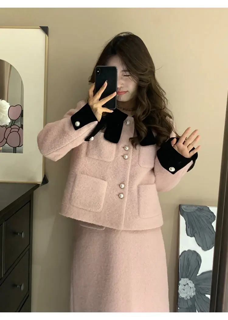 Plus Size Socialite Elegant Women's Suit Jacket Autumn and Winter Chubby Girl High Sense Coat Top Short/long Skirt Two-piece Set