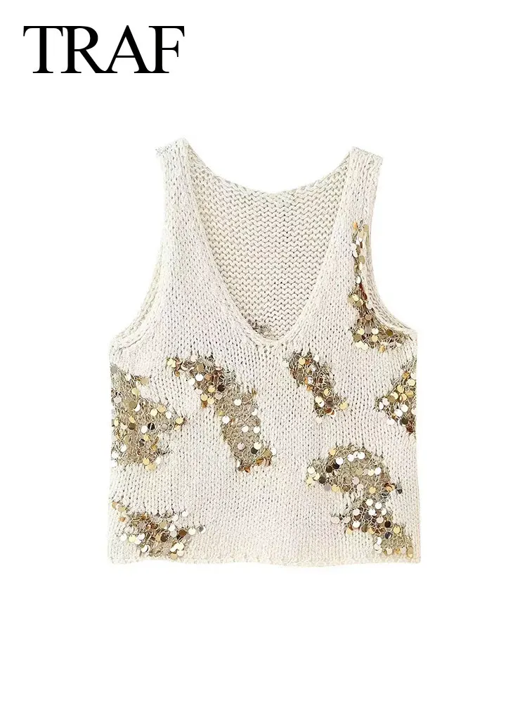 TRAF Spring 2024 Female Fashion Knitted Cropped Vest Casual Sequined Knitted V-neck Sleeveless High Street Patchwork Tank Tops