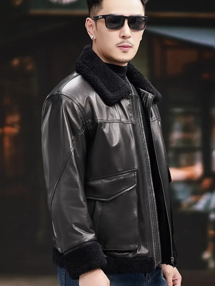 Alta qualidade real pele de cabra dos homens para baixo jaqueta gola lã curto outerwear zíperes chique outono inverno luxo jaquetas couro genuíno