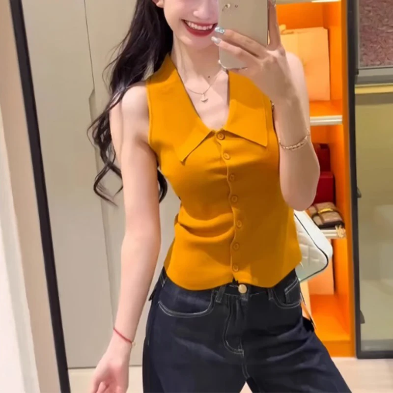 Women's Solid Color V Neck Sleeveless Knit Top Button Front Turn Down Collar Slim Fit Summer Casual  Tops