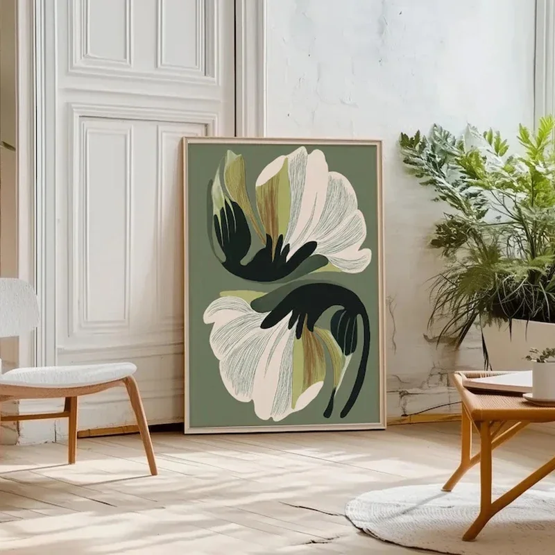Multiple sizes 1pc frameless Canvas Painting Modern Botanical Canvas Wall Art, Minimalist Abstract Floral Print, Green and Beige