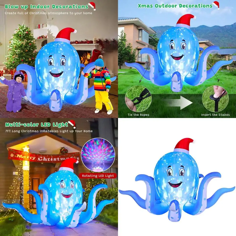 

7-Foot Rotating Flame LED Inflatable Blue Octopus Christmas Decor with Hat for Outdoor and Indoor Use