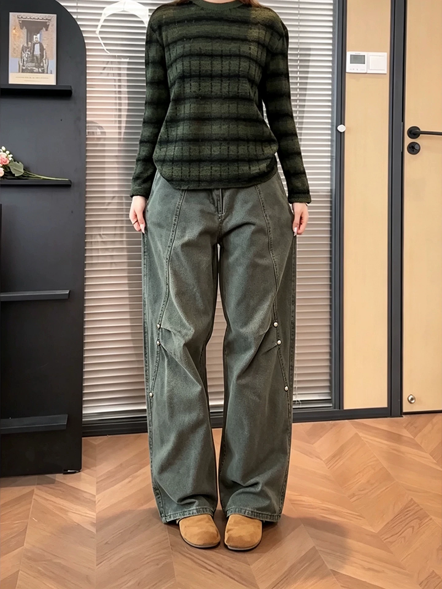American Retro Rivet Bell Bottom Casual Pants Men's Autumn Slimming Military Green Workwear Trousers Straight Leg Jeans