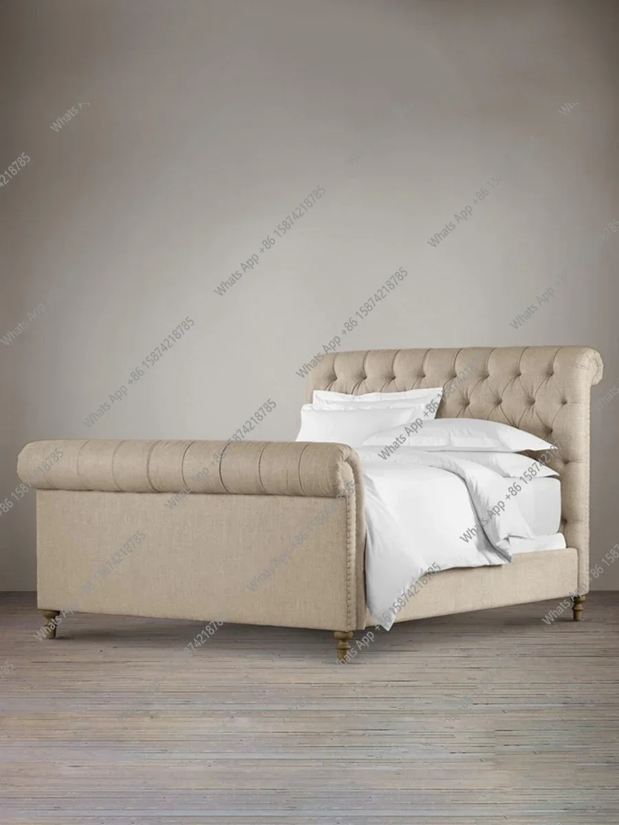 N49 J American Simple Double Bed Fabric Bed 1.8m Small Apartment French Retro Button Single Bed 1.5m Technical Fabric