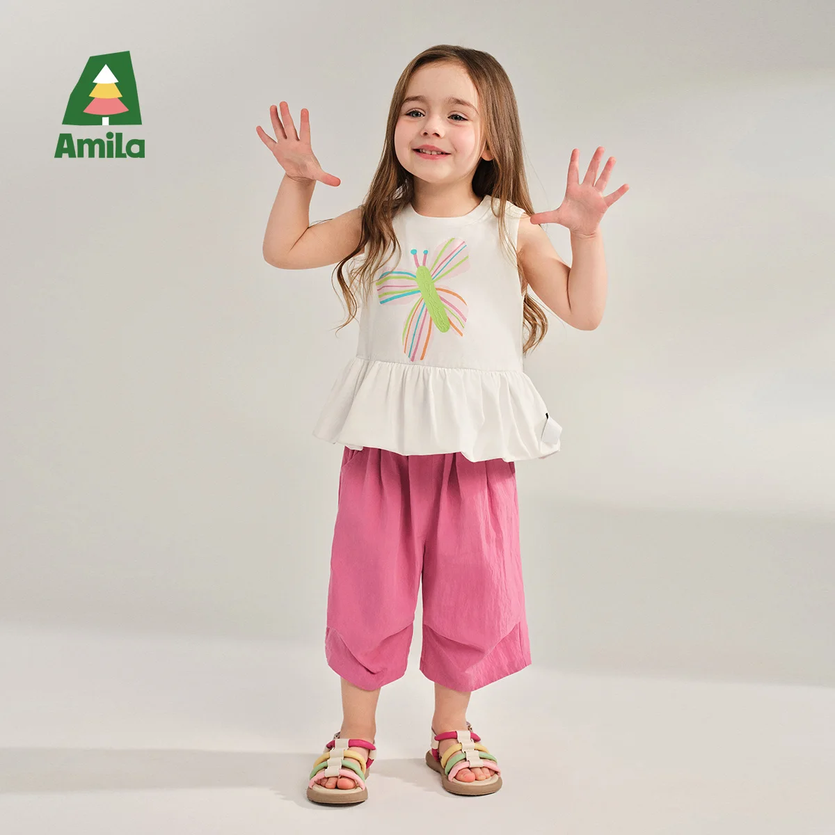 

Amila Baby Set 2025 Summer New Casual Comfortable Fashionable Cute Cartoon Printed Sleeveless Solid Color Clothing