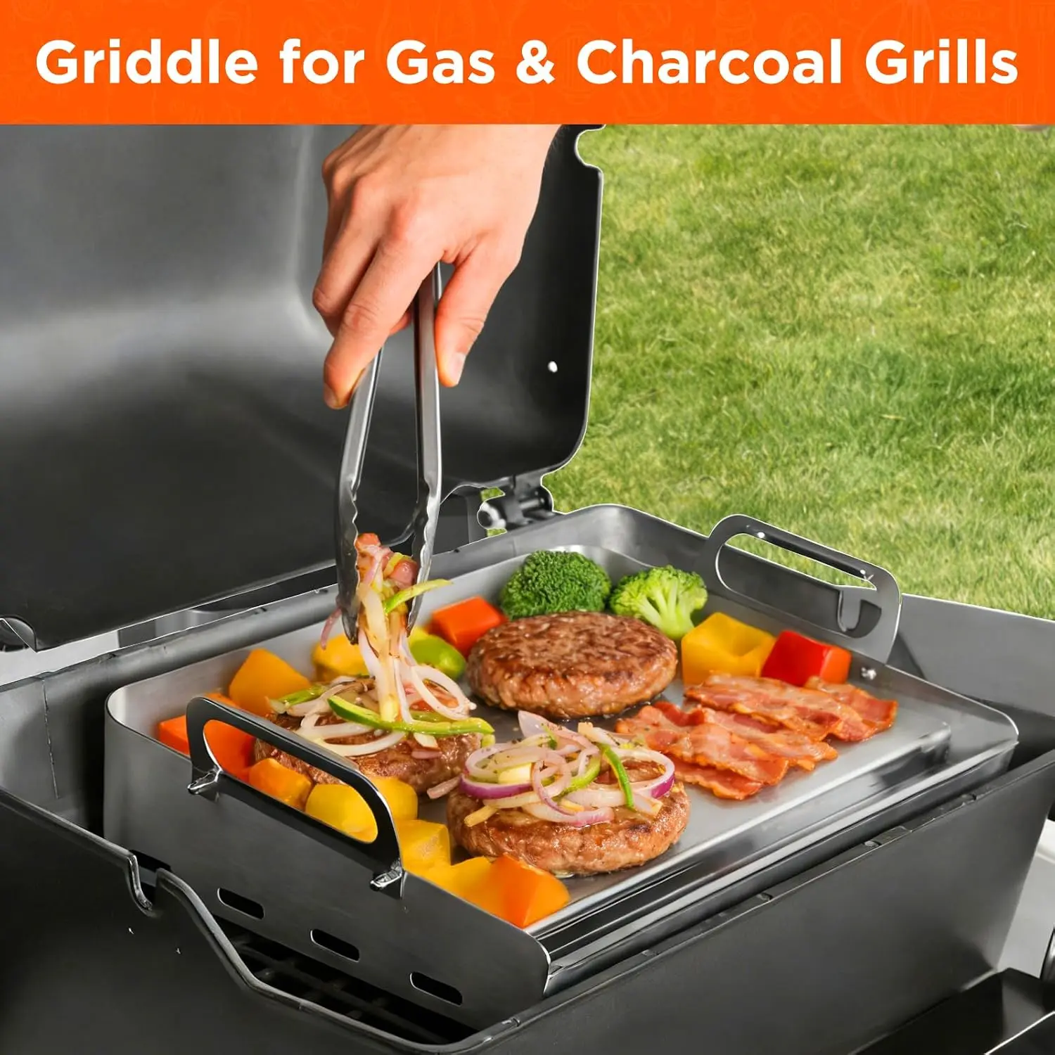 23"x16" Stainless Steel Flat Top Griddle for Gas & Charcoal Grills, Universal for Outdoor Cooking, with Grease Groove & Removable Handle view 6