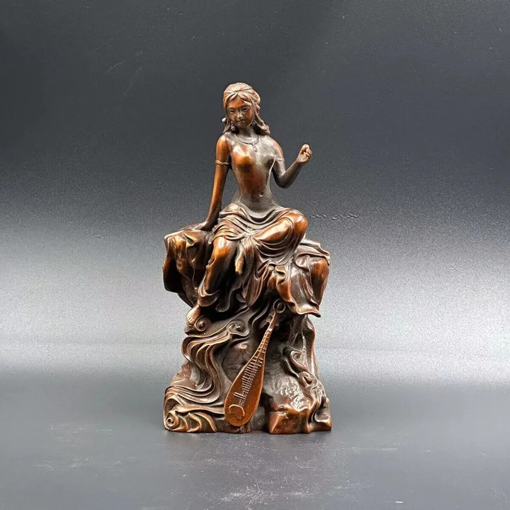 Chinese Antique Boxwood Carved Pipa Beautiful Woman Statue Sculpture Home Decor