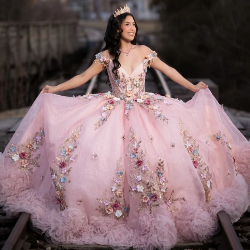 

Pink Shiny Ball Gown Quinceanera Dresses Applique Flower Beading Crystal Tiered Tull Corset Off Shoulder Sweet 16 Dress Vestidos