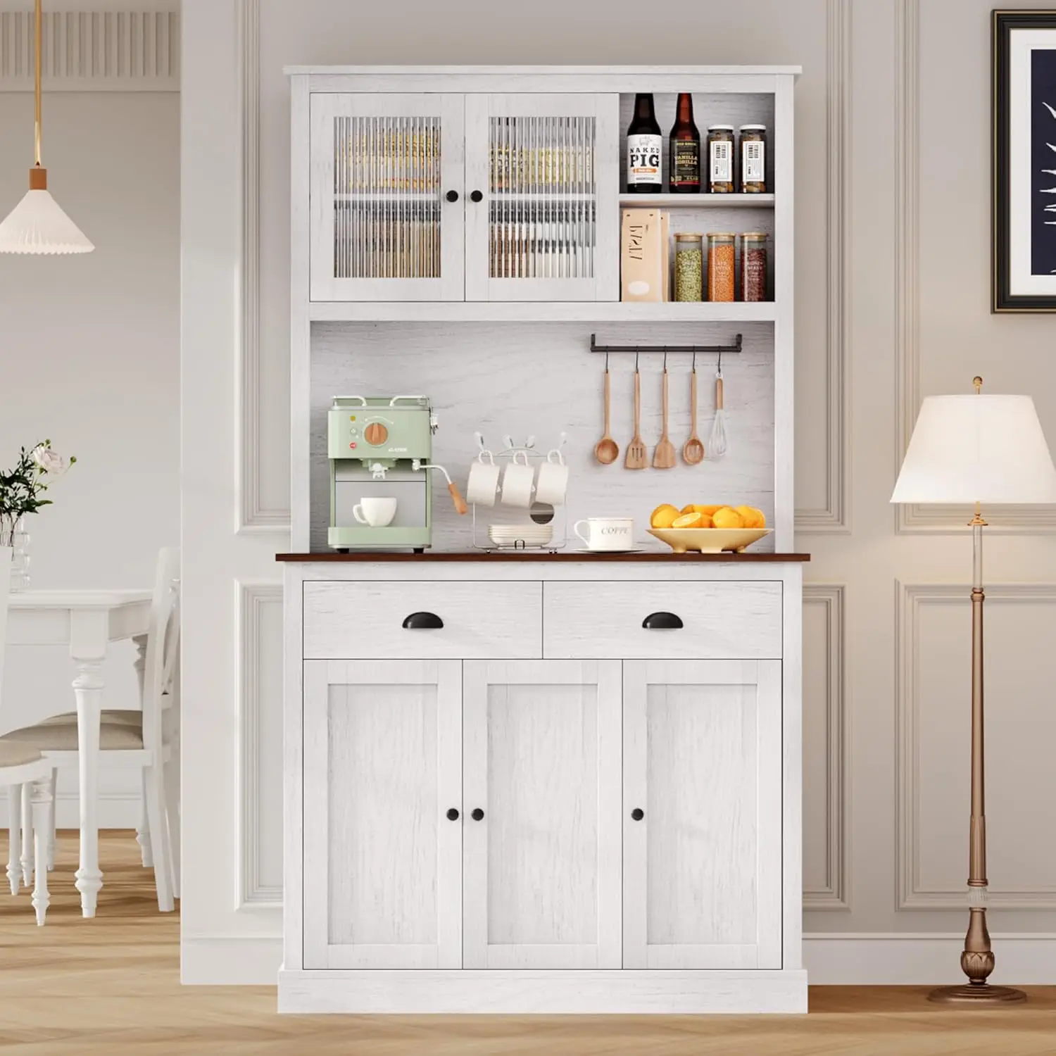 

71-дюймовый высокий деревянный шкаф-буфет с подставкой для микроволновки, современный кухонный шкаф и винная полка для столовой, белый