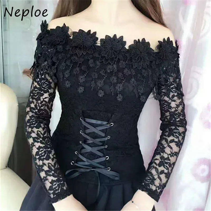 Neploe Lace Hollow Out Blouse Korean Fashion Slash neck Slim Women Lacing Blusas Long Sleeve Elegant Shirts 67537