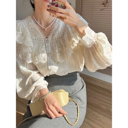 MEXZT Vintage Ruffles Shirts Women Elegant Lace Patchwork Blouses Office Lady Korean V Neck Long Sleeve All Match Chic Tops New