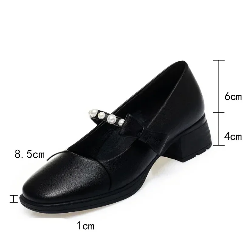 4cm Breathable Shallow Pearl Bow Sweet Mary Janes Women Pumps Spring 2024 Med Square Heels Shoes Leather for Office Mom Girls