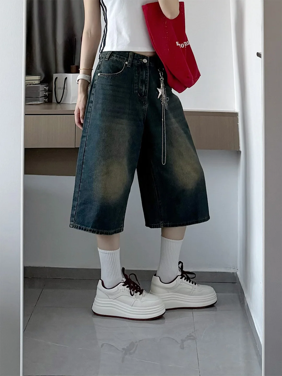 

Summer 2026 Vintage American Style Loose Fit High Waist Thin Denim Crop Pants Straight Leg Wide Leg Pants for Women