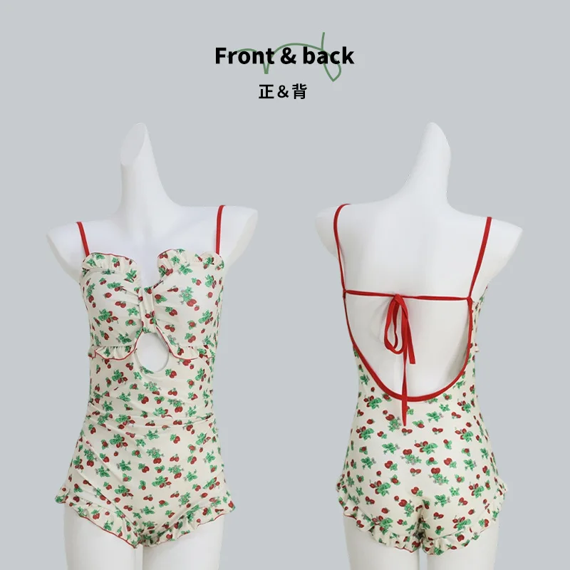Sexy moda coreana conservador arco maiôs uma peça flor impressão babados sem alças bodysuits biquínis bonito roupas de praia