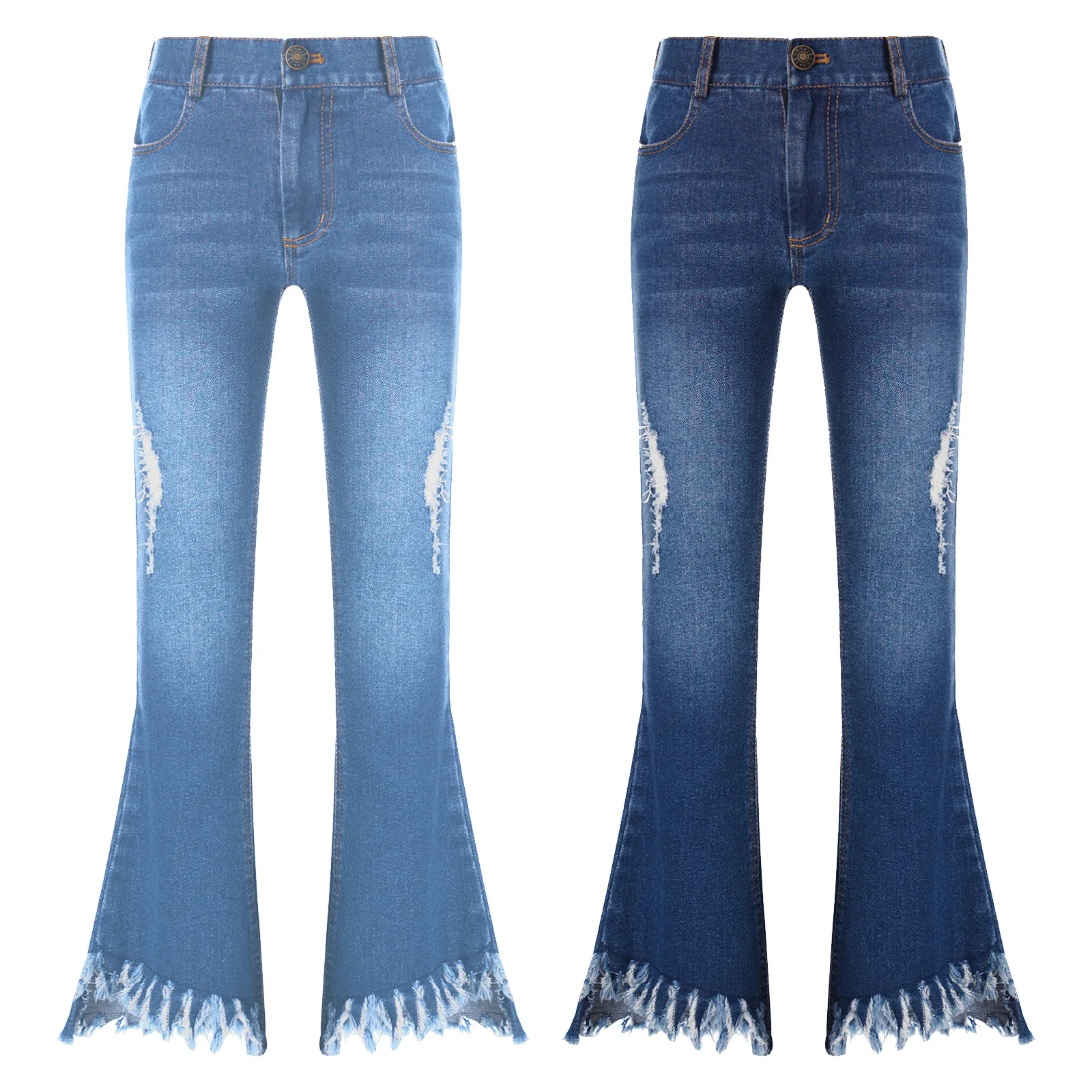 Kids Girls Denim Jeans Pants Ripped Flared Bell Bottom Jeans Raw Hem Elastic Waisted Denim Pants with Bowknot Fashion Streetwear