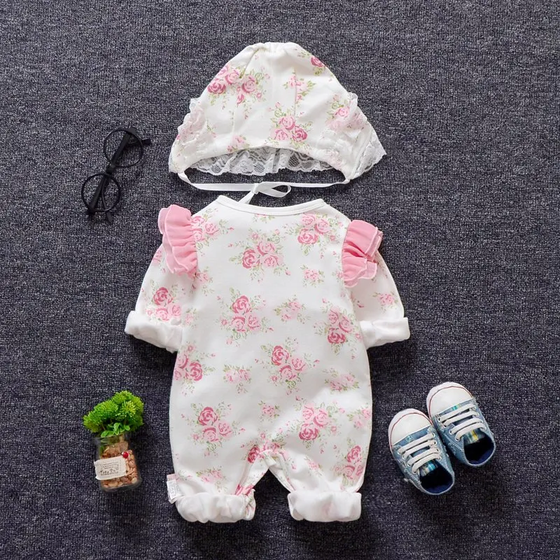 Spring Autumn Newborn Baby Girls Clothes Floral Lace Princess Jumpsuit Clothing Sets Rompers+Hats