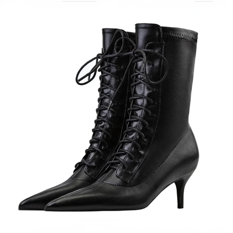 Lace Up Leathers Black High Ankle Boots Pointed Toe Fashion Brand Designer Short Boot Fine Heel Sexy Fall Winter High Heels