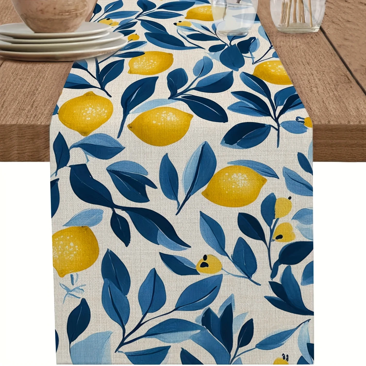 1pc Lemon Table Runner - Vintage Farmhouse Style With Vibrant Lemon & Blue Leaf Design Washable Fabric 3 Sizes () Fo