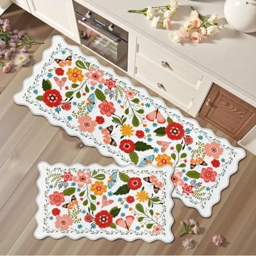 

Scalloped Kitchen Mats for Floor 2PC Cushioned Anti Fatigue Kitchen Mats Rugs Waterproof Non Slip Farmhouse Boho Floral Comfort